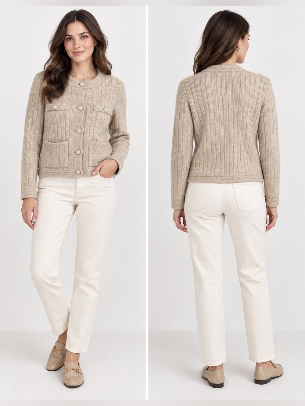 Paul & Joe Paris Oatmeal Ribbed Knit Cardigan Jacket Size 55 Cashmere Blend